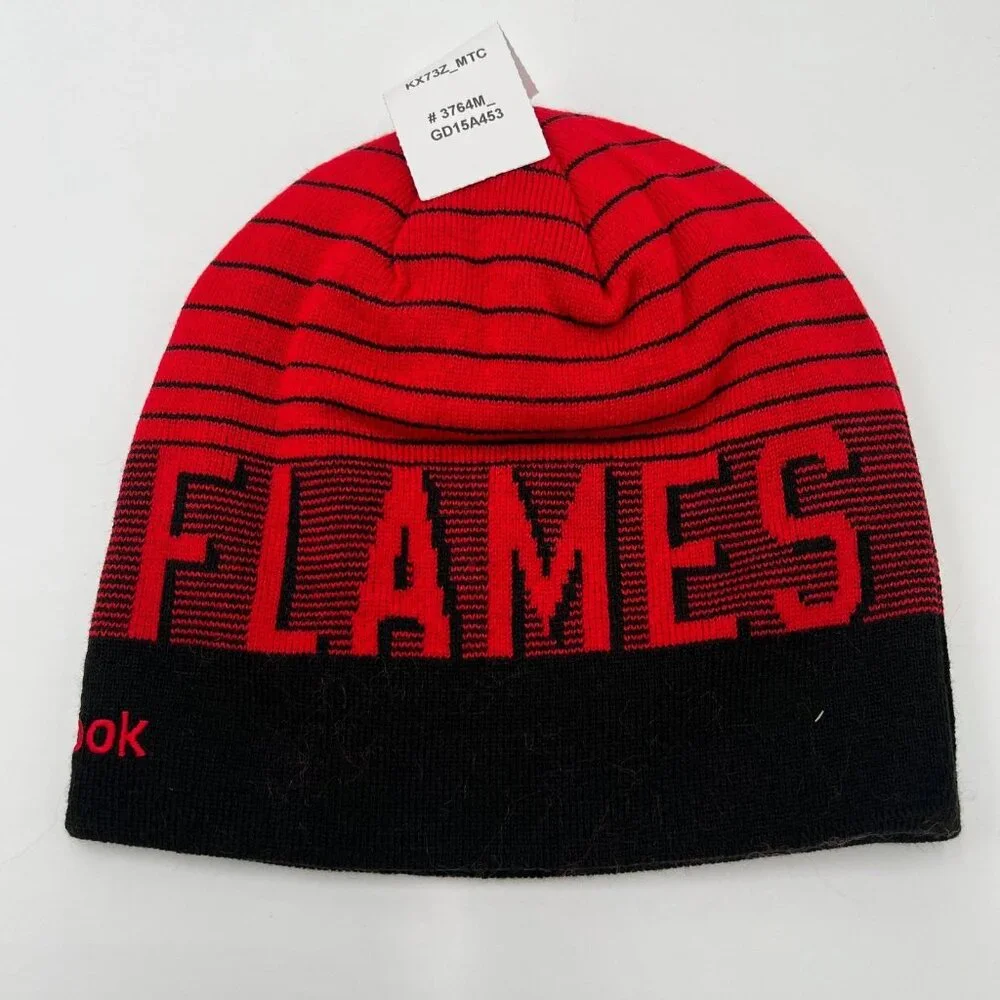 Reebok Unisex OSFA Red Striped Acrylic‎ Calgary Flames NHL Hockey Beanie Hat NWT